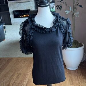 Sioni Black Ruffle Mesh Sleeve Knit Top